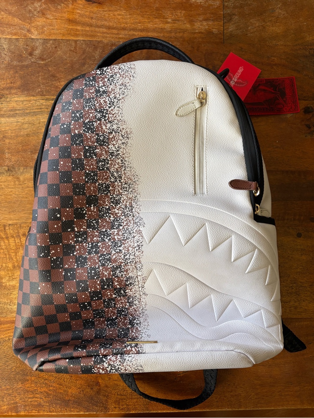 Sprayground Limited Edition Shark Spritz Savage Backpack Brown Checkered White - Picture 2 of 15